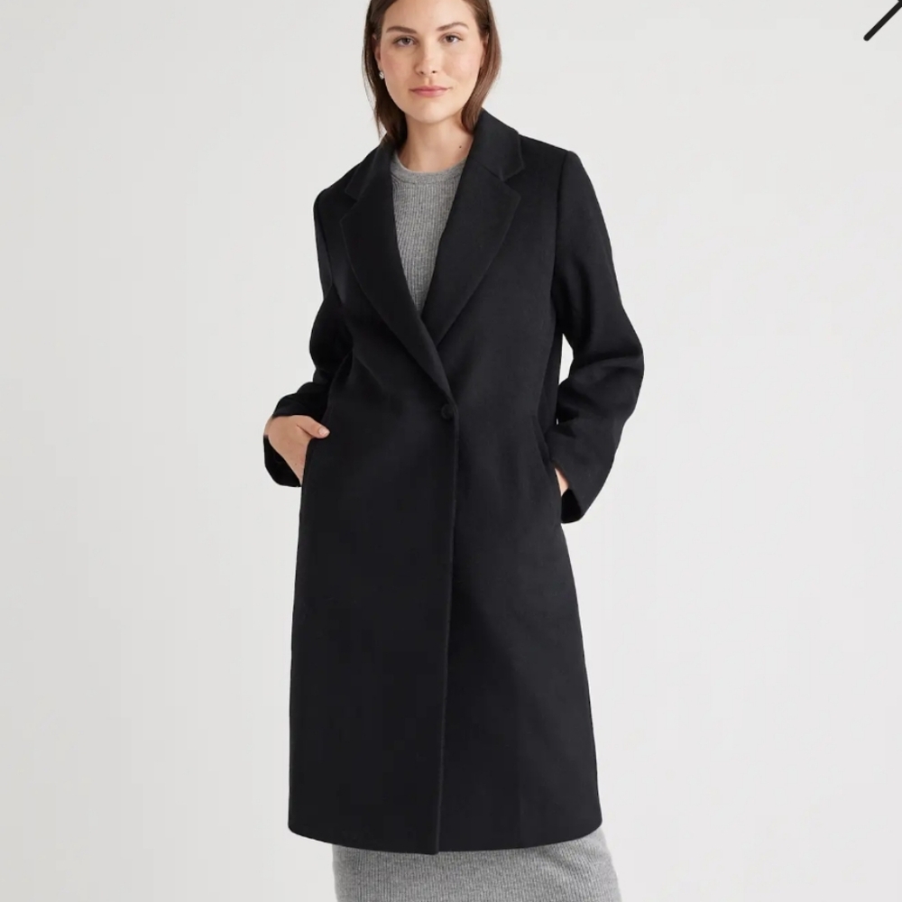 Quince Black Long Wool-Blend Single-Button Coat